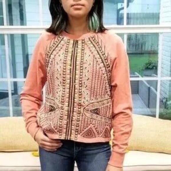 Anthropologie Akemi + Kin Peach Embroidered Bohemian Crew Neck Sweatshirt S - Picture 2 of 9